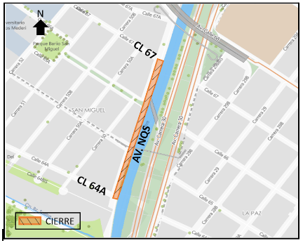 Conozca el cierre de un carril de la calzada lenta de la av. NQS entre las calles 67 y 64A